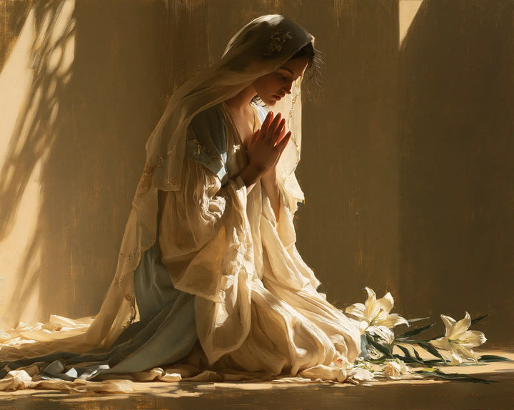 Virgin Mary in Prayer — Lilies in Slanting Light