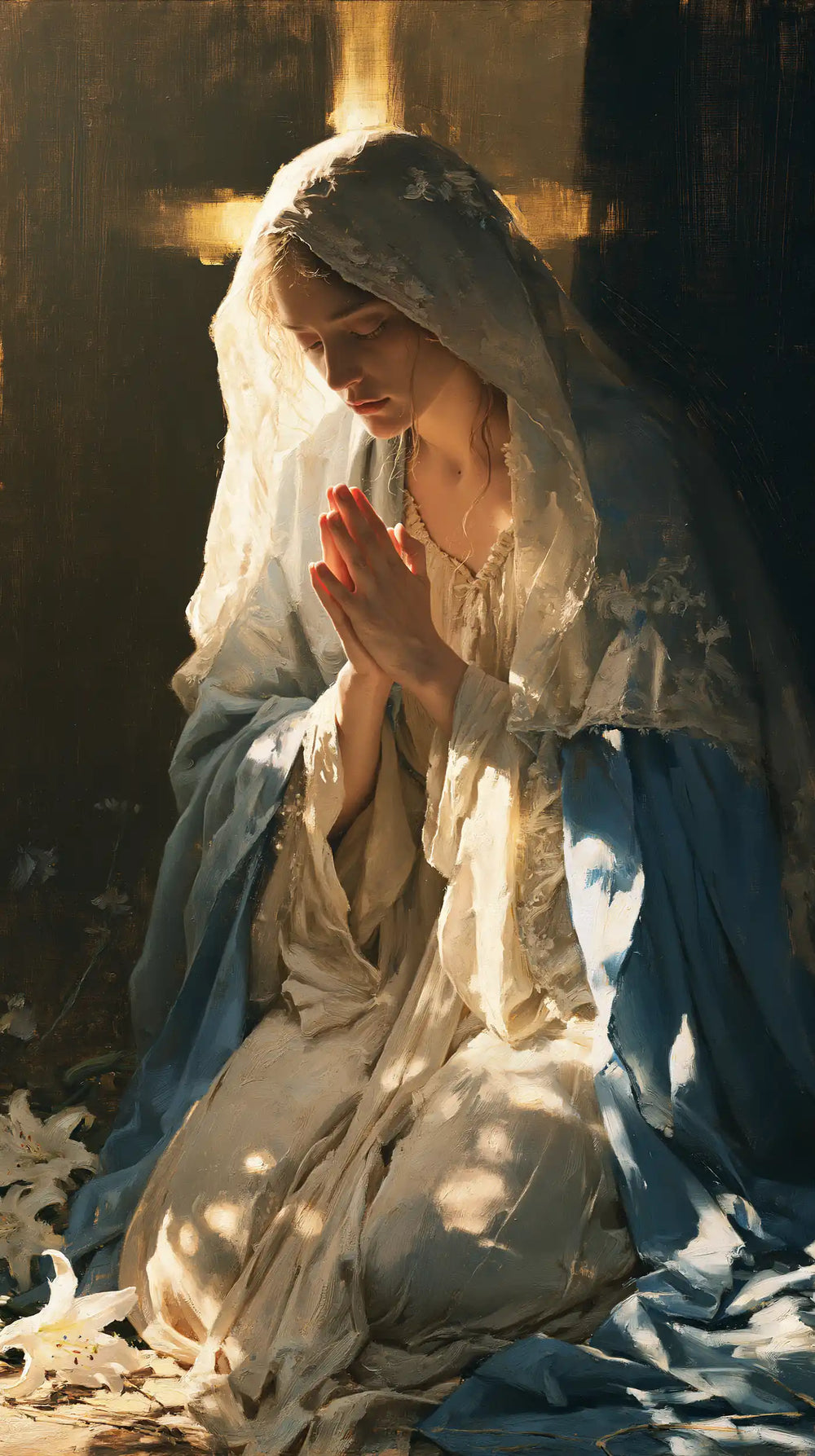 the Virgin Mary in prayer in Symbolist style, portrait Christian artwork no. 3
