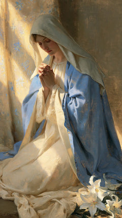 Virgin Mary in Prayer — Pale Blue beside the Open Lily
