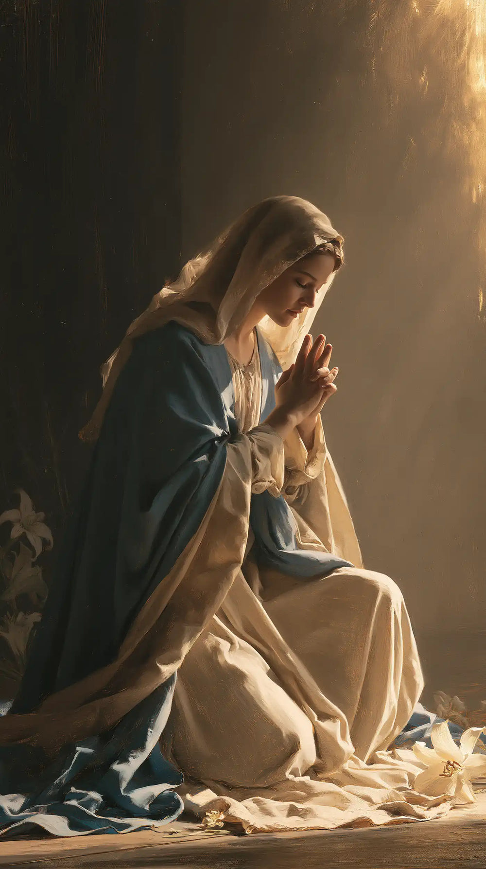 the Virgin Mary in prayer in Symbolist style, portrait Christian artwork no. 28