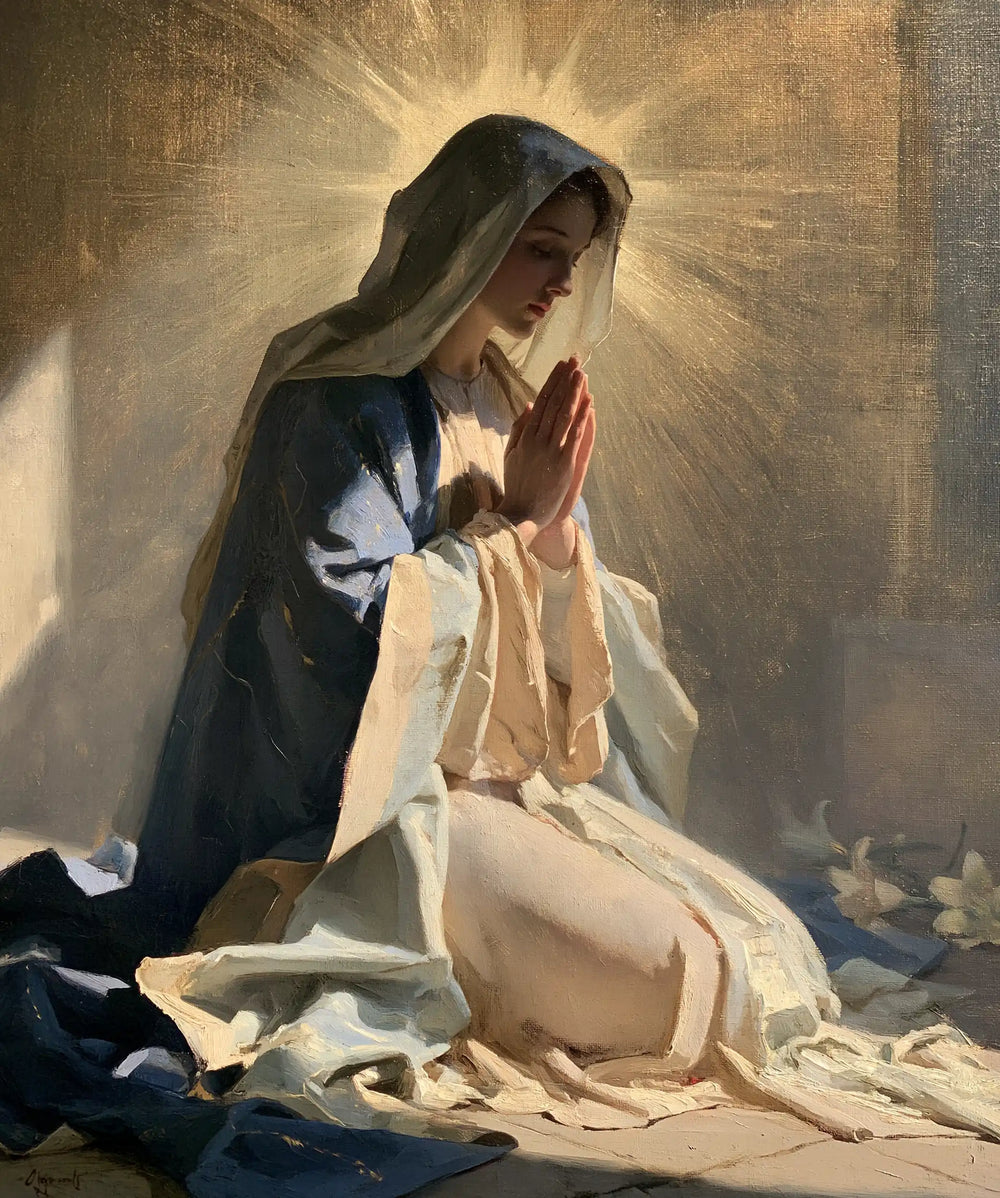 the Virgin Mary in prayer in Symbolist style, portrait Christian artwork no. 42