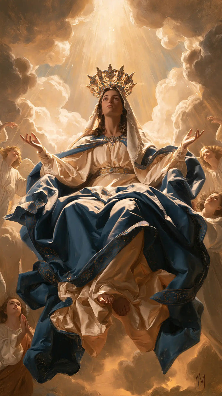 Mary, Queen of Heaven — The Pale Cascade Beneath the Inclined Gaze