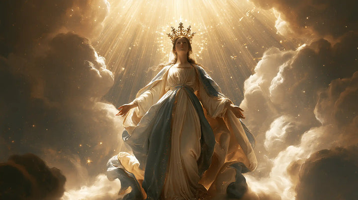 Mary, Queen of Heaven — The Royal Silhouette Between Radiant Clouds