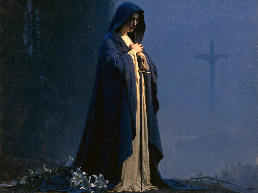 Our Lady of Sorrows in a symbolist composition in Symbolist style, landscape Christian artwork no. 6