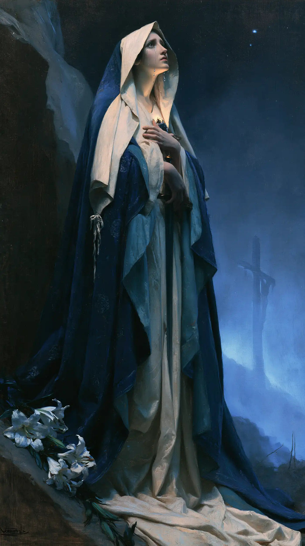 Our Lady of Sorrows in a symbolist composition in Symbolist style, portrait Christian artwork no. 6