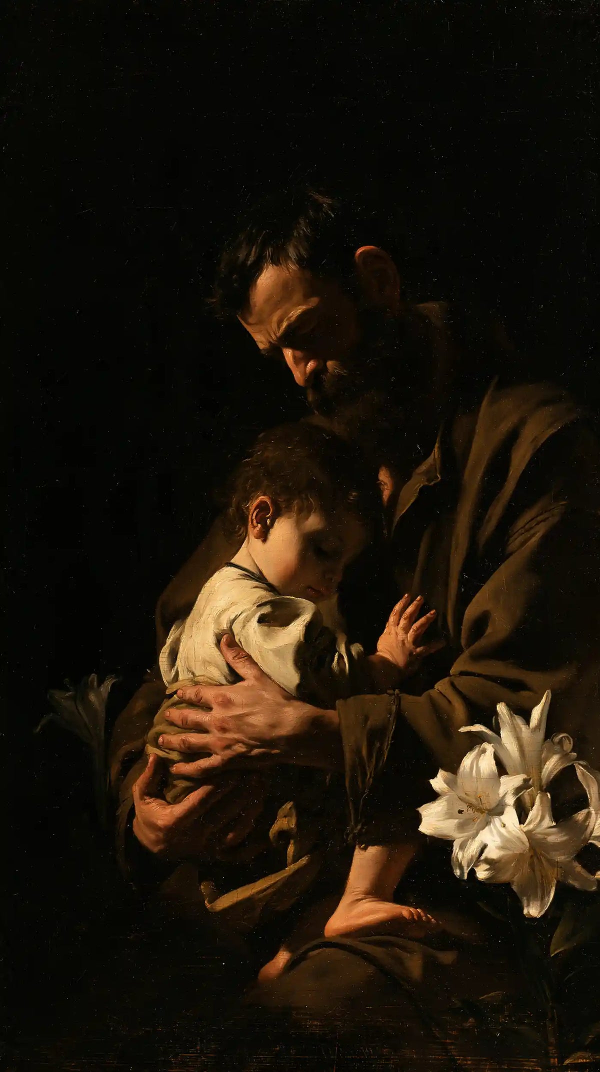 Saint Joseph with the Child Jesus – Caravaggio Tenebrism · Portrait no. 1