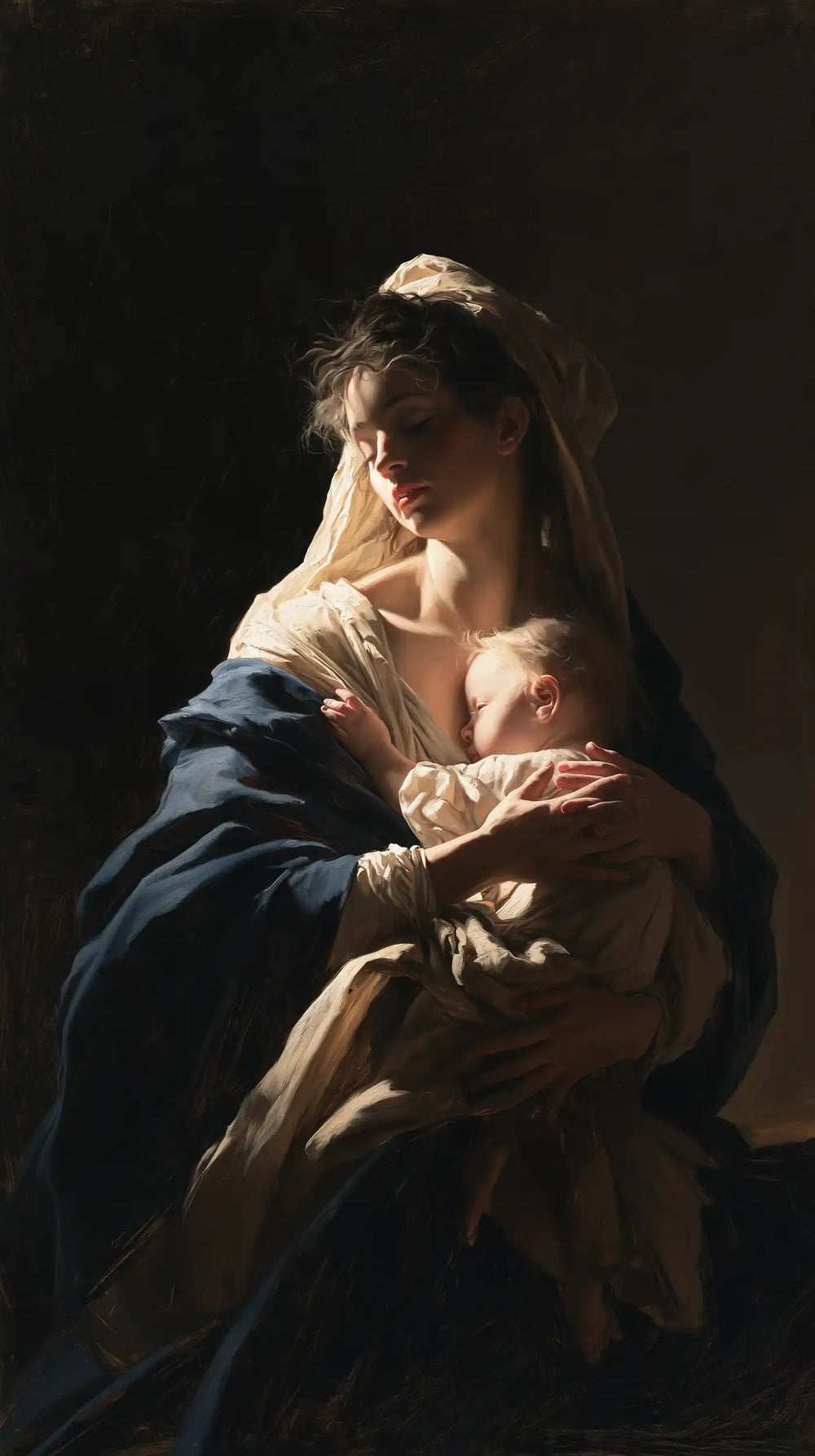 the Virgin Mary holding the Child Jesus in Caravaggio Tenebrism style, portrait Christian artwork no. 6