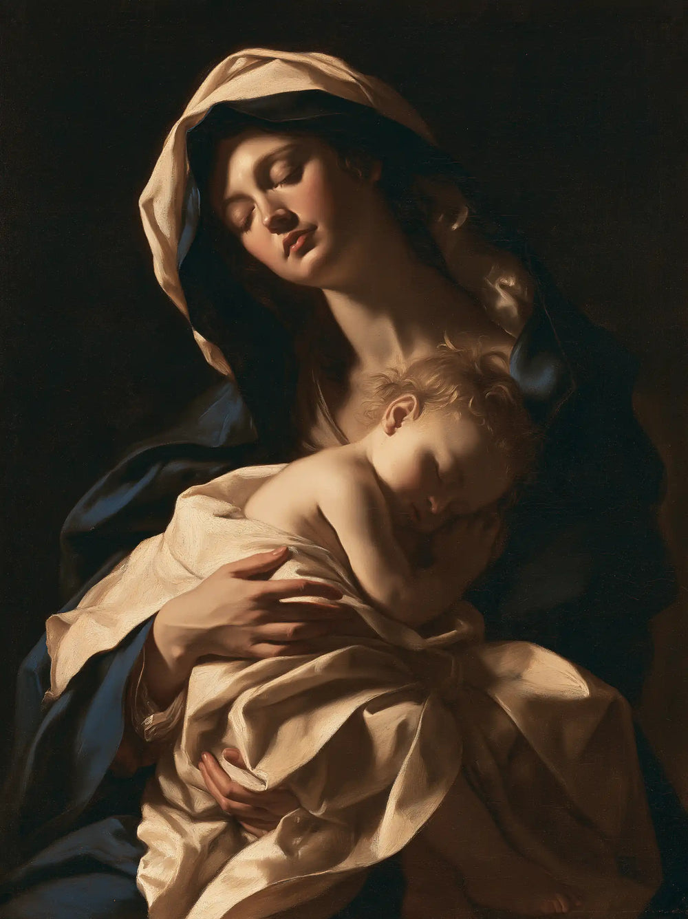 the Virgin Mary holding the Child Jesus in Caravaggio Tenebrism style, portrait Christian artwork no. 7
