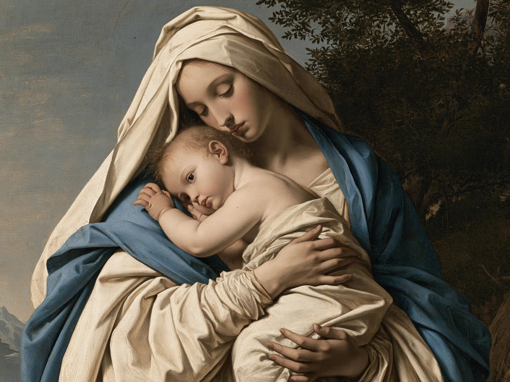 the Virgin Mary with the Child Jesus in Florentine Renaissance style, landscape Christian artwork no. 5