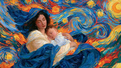 The Virgin and Child — Blue Mantle Beneath a Turning Sky