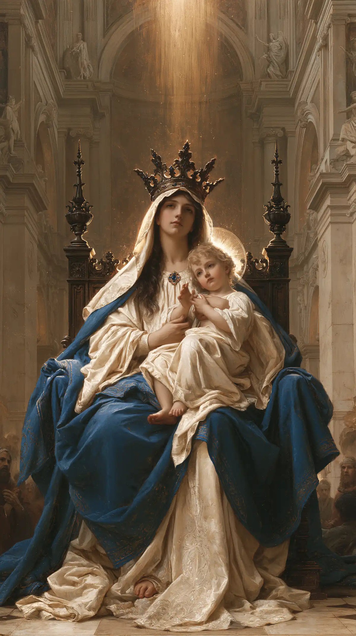 the Virgin Mary and the Child Jesus in a majestic composition in Sacred Monumental View style, portrait Christian artwork no. 1
