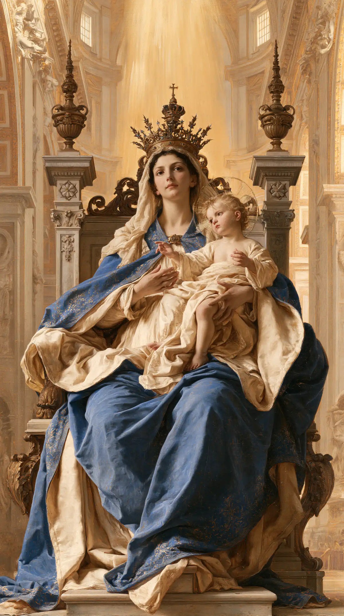 the Virgin Mary and the Child Jesus in a majestic composition in Sacred Monumental View style, portrait Christian artwork no. 23