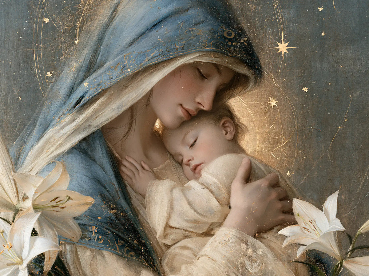 the Virgin Mary and the Child Jesus in Symbolist style, landscape Christian artwork no. 10