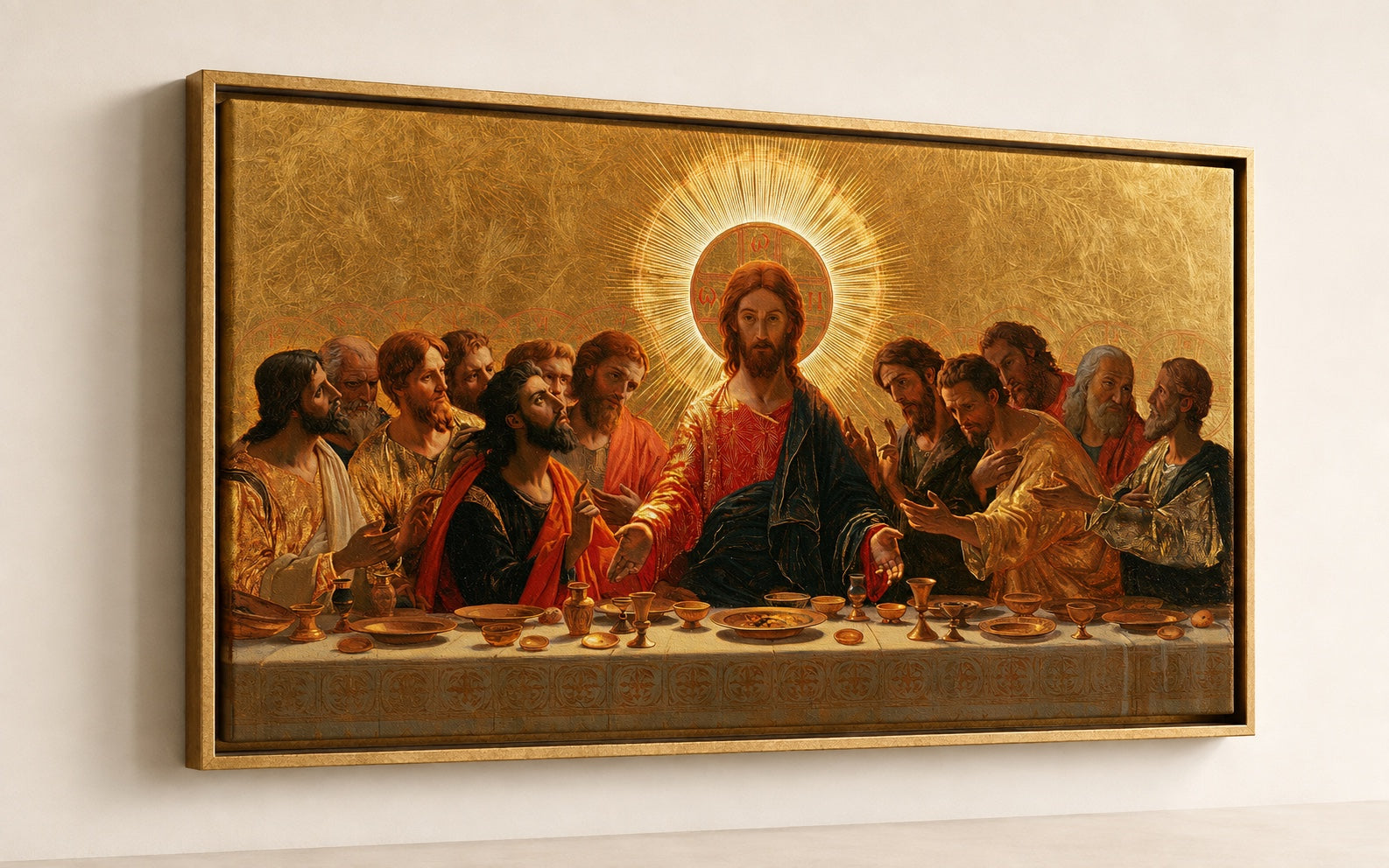 Sama Last Supper -taideteos painettu kankaalle antiikki-kultaisessa kelluvassa kehyksessä