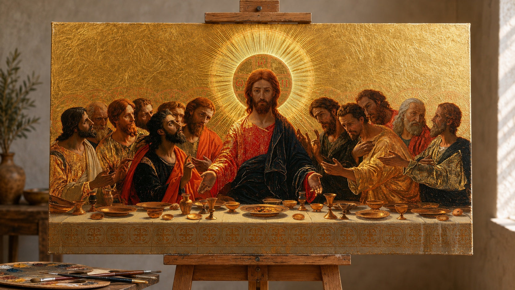 Sama Last Supper -taideteos, joka on käsinmaalattu öljyillä kehystämättömälle kankaalle studiossa